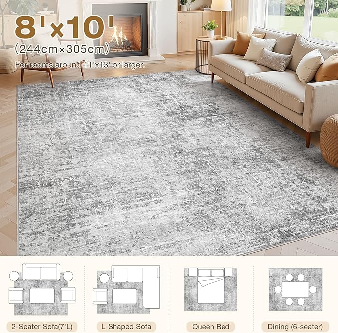 Abstract Living Room Rug 8x10 - Modern Washable Soft Thin Area Rug for Living Room Bedroom Under Dining Table - Neutral Indoor Floor Rug Carpets for Home Office Playroom Nursery - Grey White