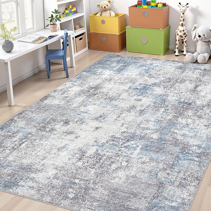 Washable 5X7 Area Rug: Modern Abstract Soft Non-Slip Indoor Rugs Home Decor - Low Pile Stain Resistant Carpet for Living Room Bedroom Dining Room Playroom Office(Blue Grey 5'x7')