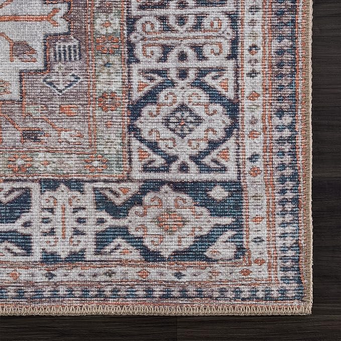 Bloom Rugs Washable 5' x 7' Rug - Brown/Blue/Orange Traditional Area Rug for Living Room, Bedroom, Dining Room, and Kitchen - Exact Size: 5' x 7'