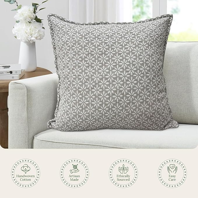 SanVia Tranquil Premium Cotton Throw Pillow Covers, 20 x 20 Inches, Luxurious Handwoven Reversible Couch Pillow Covers with Hidden Zipper, Elegant Home Décor, Insert Not Included