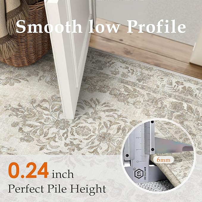 5x8 Area Rug Beige Washable Vintage Distressed Living Room Carpet Large Bedroom Indoor Neutral Medallion Floral Non Slip Retro Throw Floor Mat for Office Dining Room Kitchen Bathroom
