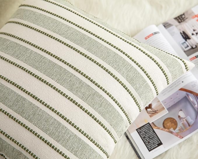 Decorative Boho Throw Pillow Covers, Farmhouse Textured Pillow Case, 18 x 18 Inch Set of 2, Chair Sofa Bedroom Living Room Home Decor Couch Cushion Case, Olive Green and Beige Striped