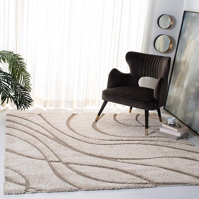 SAFAVIEH Florida Shag Collection Area Rug - 3' Square, Cream & Beige, Non-Shedding & Easy Cleaning, Plush Thick Pile, Ideal for Living Room, Bedroom, Dining Space (SG471-1113)