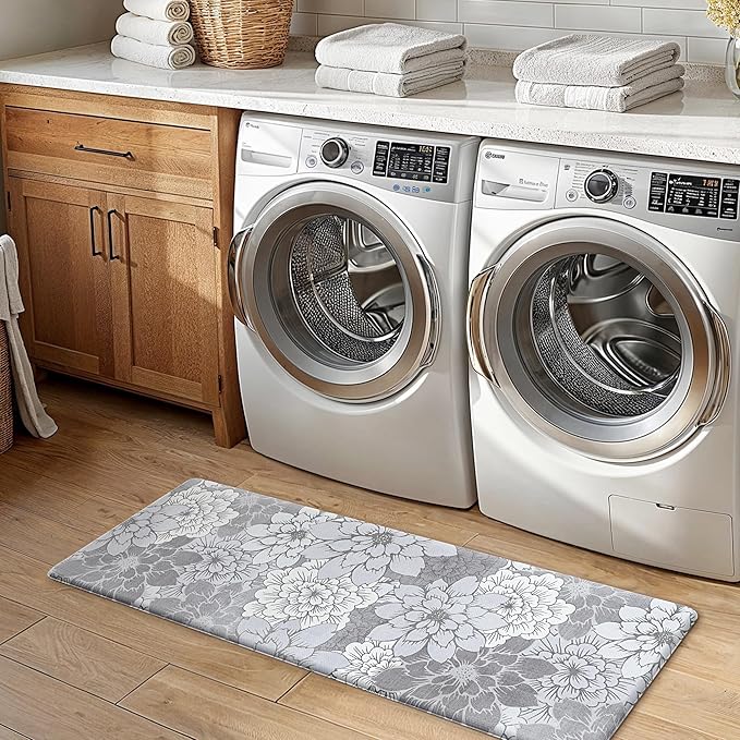 GENIMO Kitchen Mats for Floor, Kitchen Rugs Non Slip Washable Sets of 2, Waterproof Cushioned Anti Fatigue Mat, Floral Runner Rug for Laundry, Sink, Office, Home, 17.3"x47"+17.3"x30", Lavender Grey