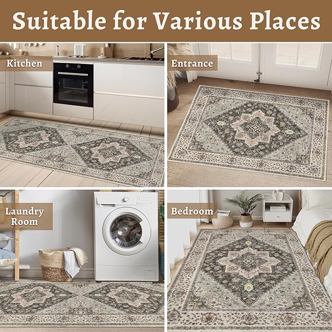 Kitchen Rugs 2x4 Washable Rug for Entryway Vintage Non Slip Small Rugs Front Door Mat Indoor Entrance, Print Distressed Throw Rug Grey Soft Low Pile Rugs Small Carpet for Entry Bedroom Bathroom