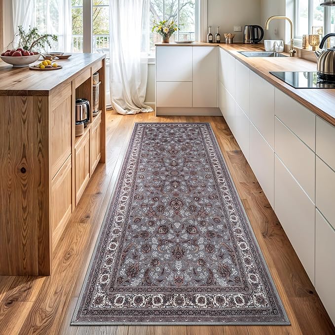 Bloom Rugs Washable Non-Slip 12 ft Runner - Slate Gray Traditional Oriental Runner for Entryway, Hallway, Bathroom, and Kitchen - Exact Size: 2.5' x 12'