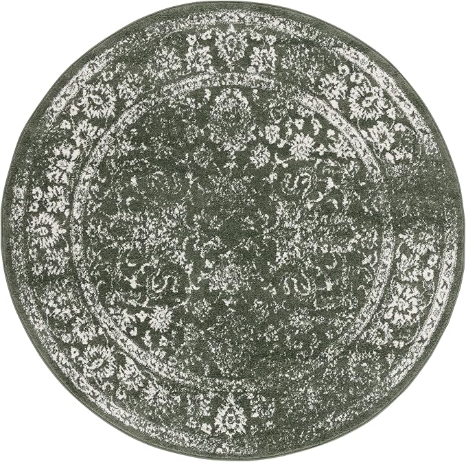 SAFAVIEH Adirondack Collection Area Rug - 4' Round, Dark Green & Ivory, Distressed Vintage Floral Design, Non-Shedding & Easy to Clean, Ideal for Living Room, Bedroom, Dining Space (ADR109Y)