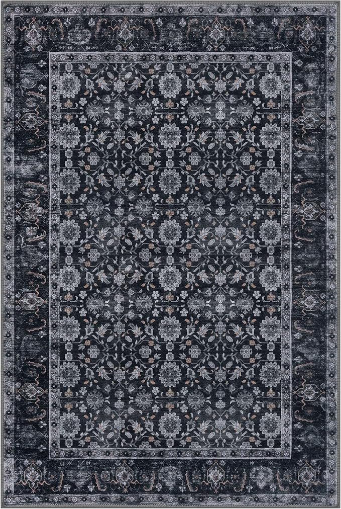 KUTA Vintage 8x10 Area Rugs for Living Room, Washable Large Rug for Bedroom 8ft x 10ft Non-Slip, Black Grey Orange Ultra Thin Soft Printed Traditional Floral Distressed Dining Room Low-Pile Carpet