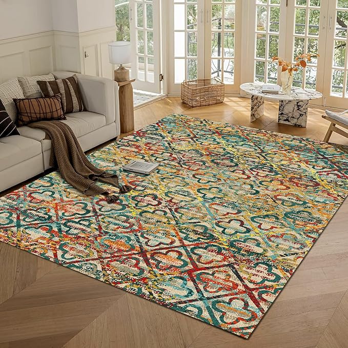 RUGSURE Washable Area Rugs, 5' x 7' - 1/6 Thick - Stain & Water Resistant Non-Slip - Perfect Resistant Rug for Living Room, Bedroom, Nursery, Pet & Child Friendly, Vibrant Colors Rugs, Multicolor