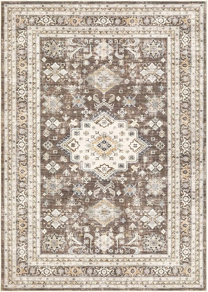 Vintage Living Room Area Rug 5x8 - Large Soft Washable Oriental Traditional Distressed Farmhouse Rugs for Bedroom - Indoor Floor Accent Carpet for Home Office House Decor - Dark Brown