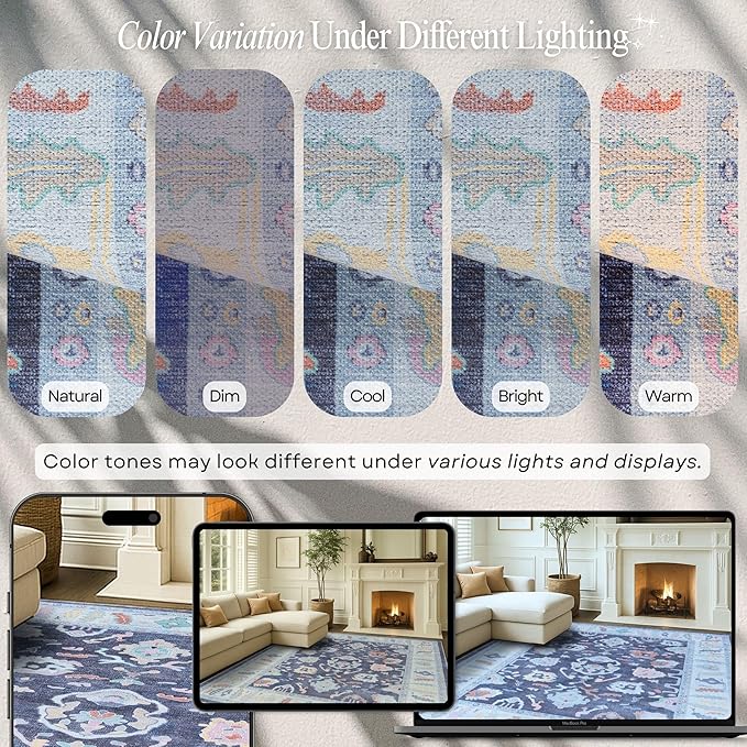 Fame Rugs Navy Blue Modern Oushak Rug 10x13, Vintage Turkish Colorful Oriental Washable Antique Inspired Oversize Area Rugs, Luxury Living Room Bedroom (388NB, 10' x 13')
