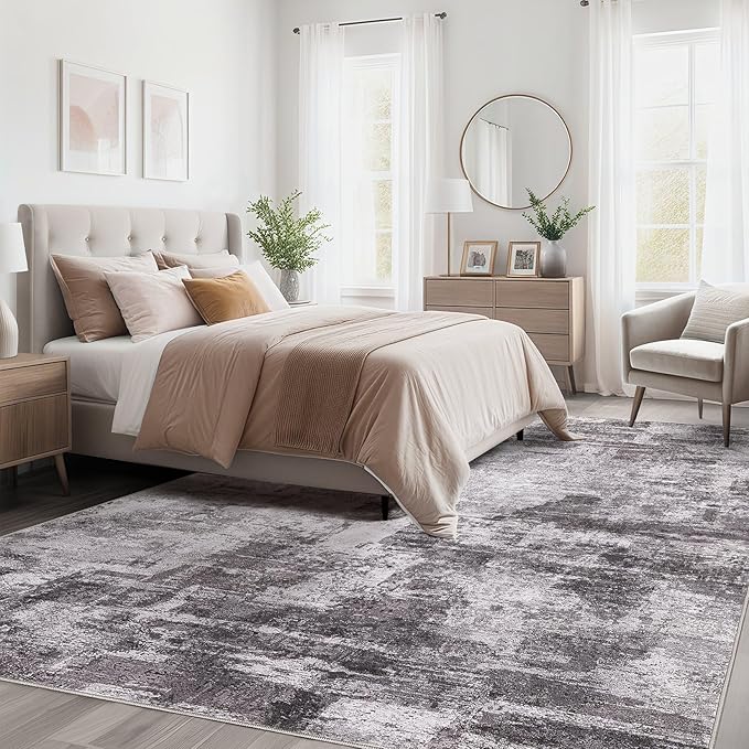 Abstract Living Room Rug 10x14 - Modern Washable Soft Thin Area Rug for Living Room Bedroom Under Dining Table - Neutral Indoor Floor Rug Carpets for Home Office Playroom Nursery - Grey