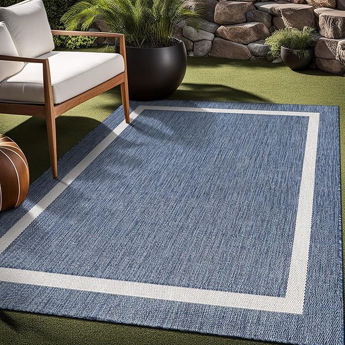 Bordered Outdoor Rug 6x9 Washable Outside Carpet for Indoor Patio Porch Waterproof Easy Cleaning Non Shedding Area Rugs Blue 6 x 9