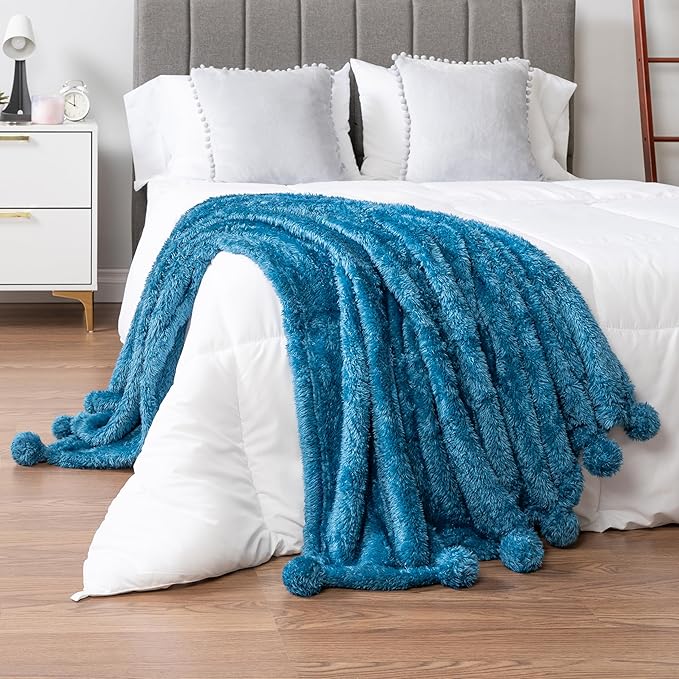 Pavilia Teal Sherpa Throw Blanket for Couch, Warm Plush Pom Blanket Throw, Blue Fuzzy Sofa Throw, Lightweight Soft Cozy Fluffy Blanket with Poms, Turquoise, 50x60