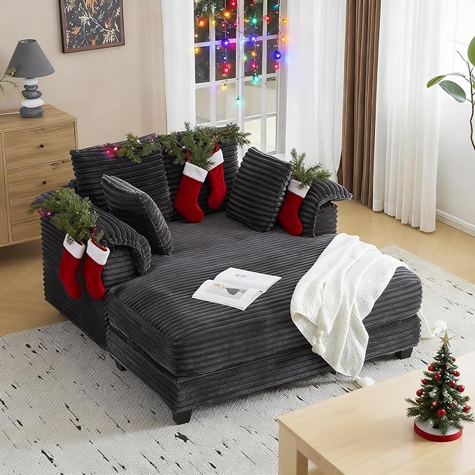 VINGLI 56" Oversized Chaise Lounge Chair, Dark Grey Comfy Corduroy Chaise Sofa Recliner Bed Upholstered Sleeper Couch Bed with Throw Pillows and Armrests for Living Room, Movie Room, Bedroom