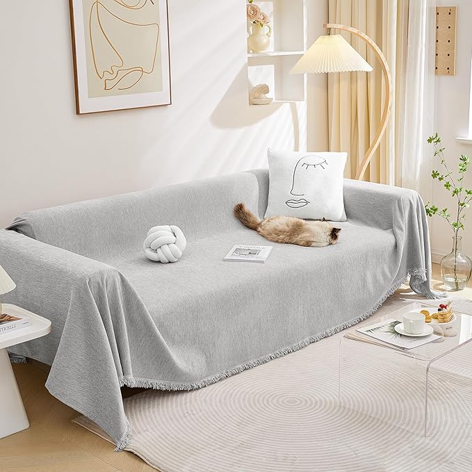 MEETSKY Sectional Couch Covers for Dog Chenille Sofa Cover, Washable Couch Cover for 3 Cushion Couch Sofa Pet Couch Furniture Protector, Light Grey Jacquard Sofa Slipcover with Tassel