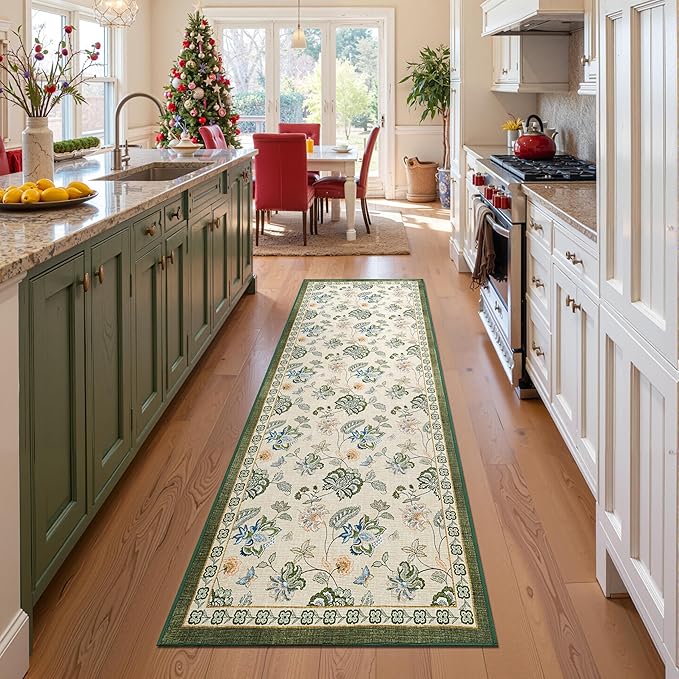 jinchan Elora 3x10 Floral Runner Rug for Hallway Washable Runner Vintage Romance Christmas Design Non Slip Thin Indoor Floor Cover Low-Profile Throw Carpet for Entryway Bathroom Porch, Green/Beige