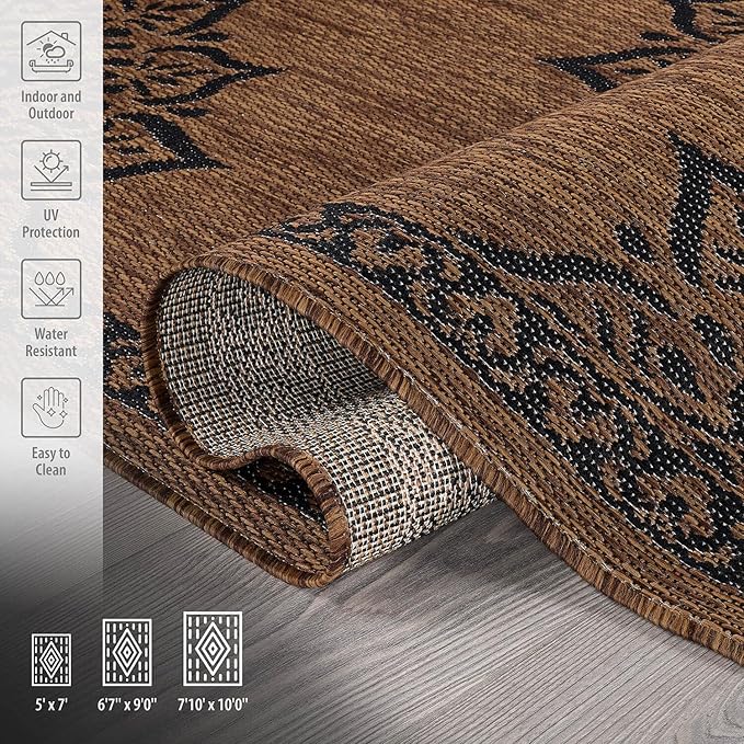 CAMILSON Outdoor Rug 8x10 Medallion Nut Brown Black Modern Area Rugs for Indoor and Outdoor Patios, Kitchen and Hallway Rug, Washable Porch Deck Outside Carpet (8 x 10)