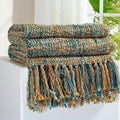 Multi-Color Gold Green Cable Knitted Throw Blanket for Couch,60"X80" Boho Style Textured Blankets for Home Decor,Super Soft Warm Cozy Chunky Knit Blanket with Decorative Tassels for Bed