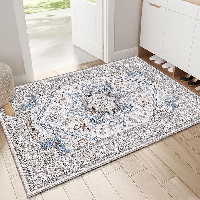 OPPODREAM Thin Throw Rugs 2x3, Small Neutral Washable Entryway Rugs 2 x 3 with Non Slip Backing, Low-Pile Faux Cashmere 2 x 3 Carpet, Cream White & Blue & Light Brown