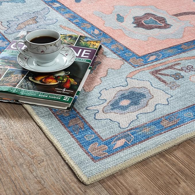 Fame Living Modern Oushak Rug, Vintage, Turkish, Eclectic, Floral, Pastel, Washable, Extra Large Area Rugs for Living Room, Dining, Bedroom, Lounge, 9'x12'