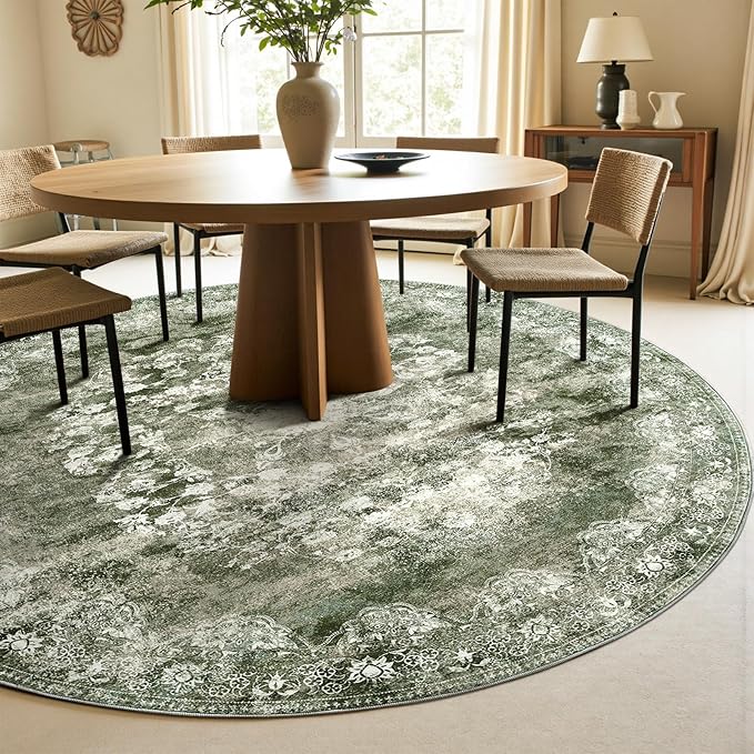jinchan Round Rug 7ft Area Rug - Green Vintage Floor Mat Kitchen Indoor - Washable Circle 7' Thin Floral Print Christmas Carpet Retro Farmhouse Non Slip Dining Room Living Room Bedroom Office