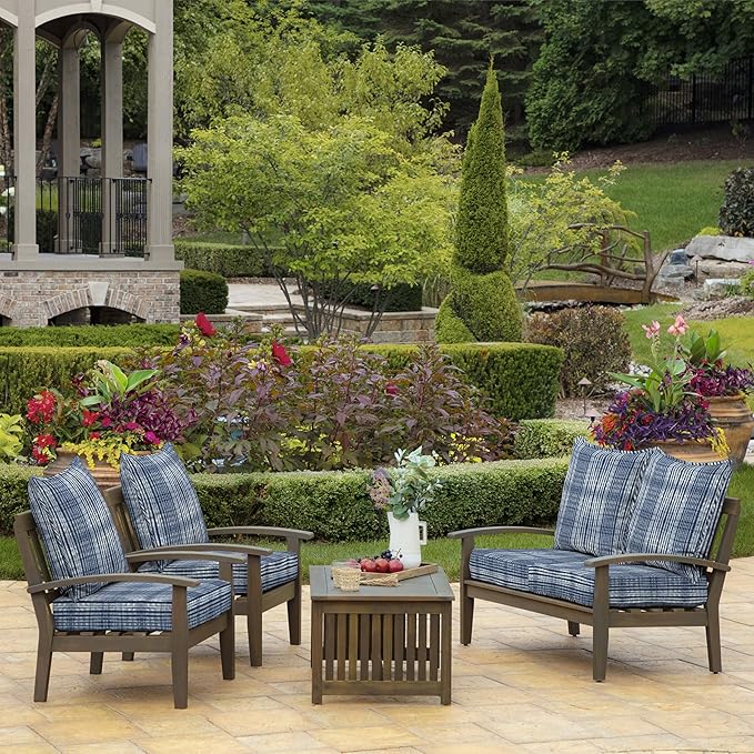 Arden Outdoor Deep Seat Cushion Set, 22 in x 24 in, Weather-Proof, Rain-Proof, Fade Resistant Patio Cushion Blue Shibori Stripe