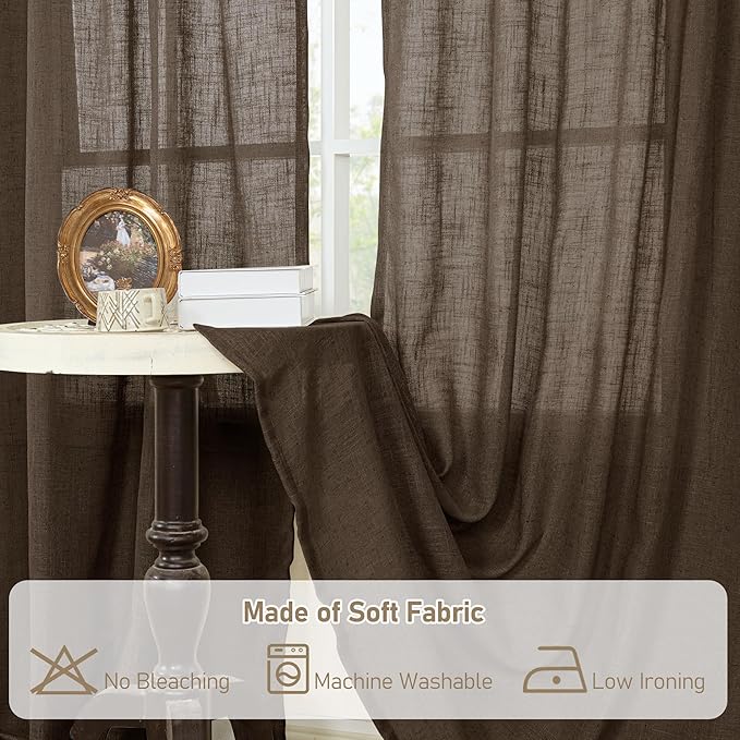 LAMIT Dark Brown Sheer Linen Curtains, 102 inch Light Filtering Semi Sheer Panels Back Tab and Rod Pocket Farmhouse Drapes for Bedroom/Living Room, 2 Panels, 52 x 102 Inch