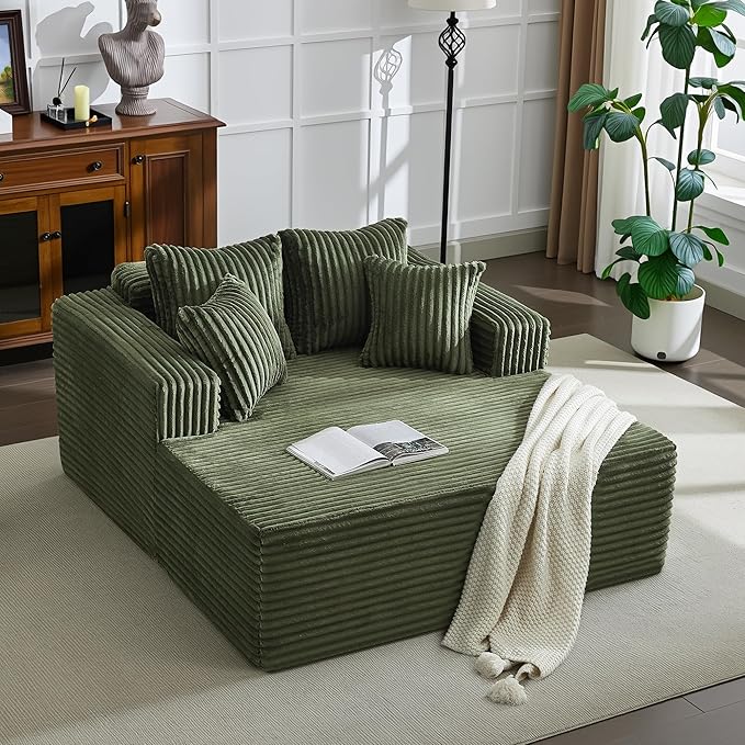 61" Oversized Chaise Lounge Chair Indoor, Boneless Couch Cloud Fluffy Chaise Lounges Corduroy Upholstered Sofa Bed w/Throw Pillows for Living Room Home Green