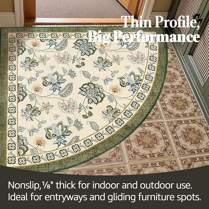 jinchan Elora Floral Corner Rug for Entryway Washable Rug Vintage Romance Christmas Design Non Slip Quarter Circle Lightweight Low-Pile Throw Carpet for Playroom Nook Nursery 4ft Radius, Green/Beige