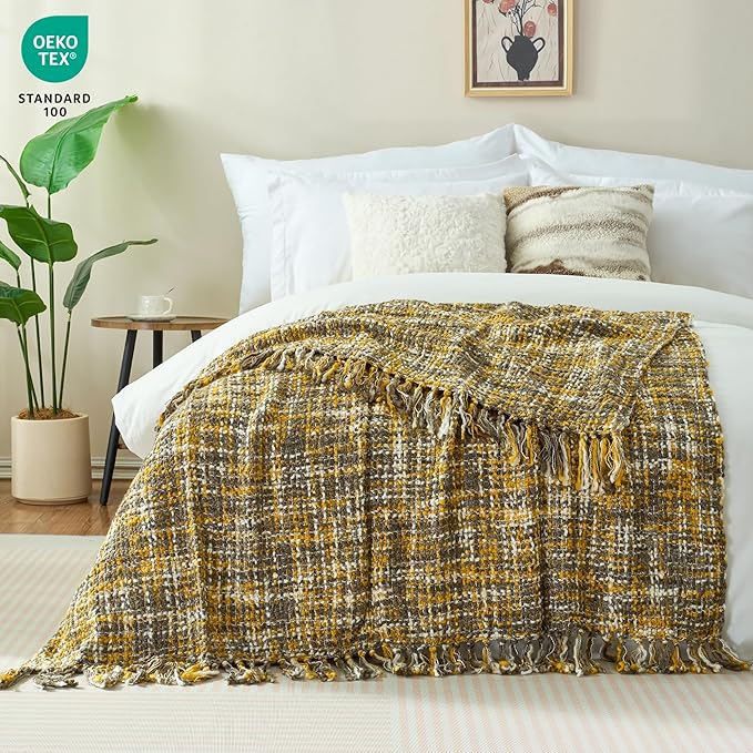 Multi-Color Gold Cable Knitted Throw Blanket for Couch,50"X60" Boho Style Textured Blankets for Home Decor,Super Soft Warm Cozy Chunky Knit Blanket with Decorative Tassels for Bed and Sofa