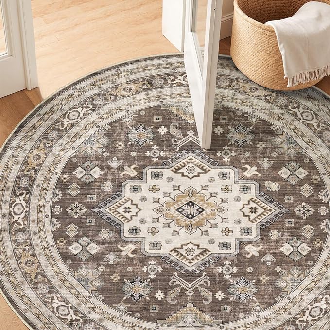 8ft Round Vintage Living Room Area Rug - 8x8 Large Soft Washable Oriental Traditional Distressed Farmhouse Rugs for Bedroom - Indoor Floor Accent Carpet for Home Office House Decor - Dark Brown