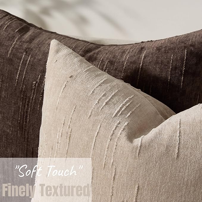 Set of 2 Soft Textured Throw Pillow Covers 18x18,Invisible Zipper Neutral Cushion Cases, Easy - Care Decorative Farmhouse Home Decor for Living Room Couch (Khaki, 18" x 18" (Pack of 2))