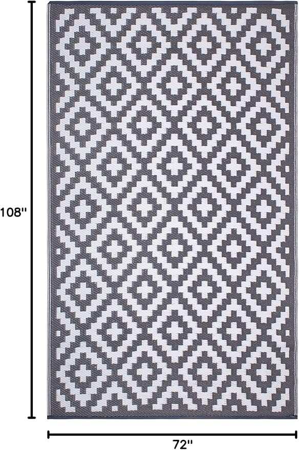 FH Home Outdoor Rug - Waterproof, Fade Resistant, Reversible - Premium Recycled Plastic - Geometric - Large Patio, Deck, Sunroom, Camping, RV - Aztec - Gray & White Crease Free - 6 x 9 ft
