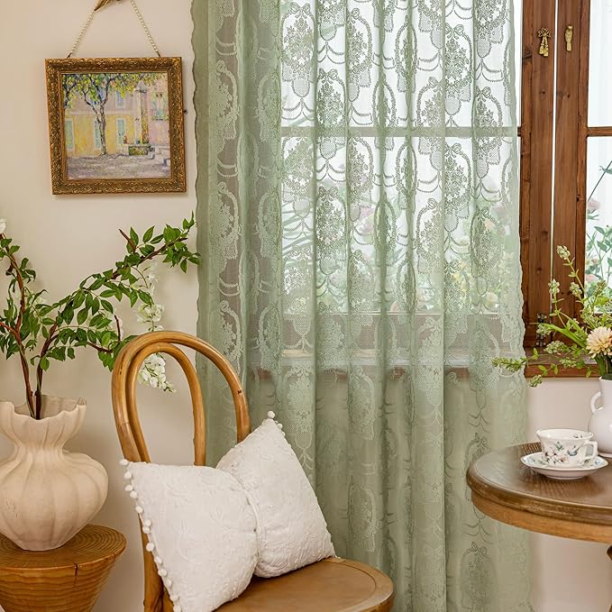Green Lace French Delicacy Curtains 96 Inches Long -Rod Pocket Luxury Vintage Bow Butterfly Sheer Lace Flower Curtains for Living Room Bedroom，52 x 96 Inch, 2 Panels