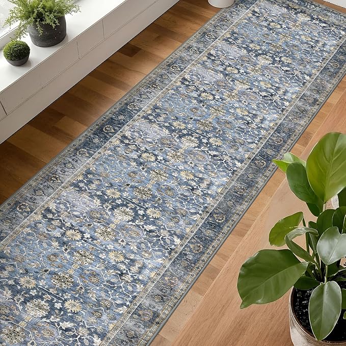 KUTA Vintage Washable Long Hallway Runner Rug, 2.6x16 Blue Grey Beige Non-Slip Kitchen Rugs Ultra Thin Soft Printed Distressed Oriental Floral Floor Carpet for Laundry Bedroom Living Room Nursery
