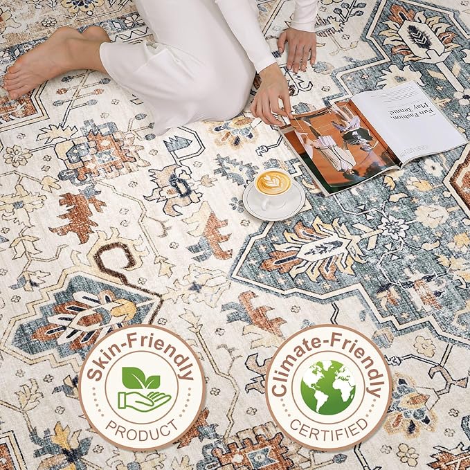 Runner Rug Kitchen Washable Rugs: 3x10 Non-Slip Boho Vintage Distressed Stain Resistant Indoor Neutral Farmhouse Throw Carpet for Hallway Bathroom Laundry Room Entryway Bedroom- Beige Blue