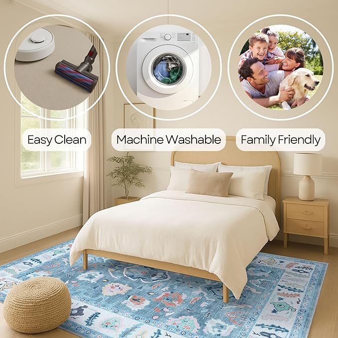 Fame Rugs Teal Modern Oushak Rug 5x7, Washable Vintage Turkish Colorful Oriental Antique Inspired Area Rugs, Luxury Living Room Bedroom (995T, 5' x 7')