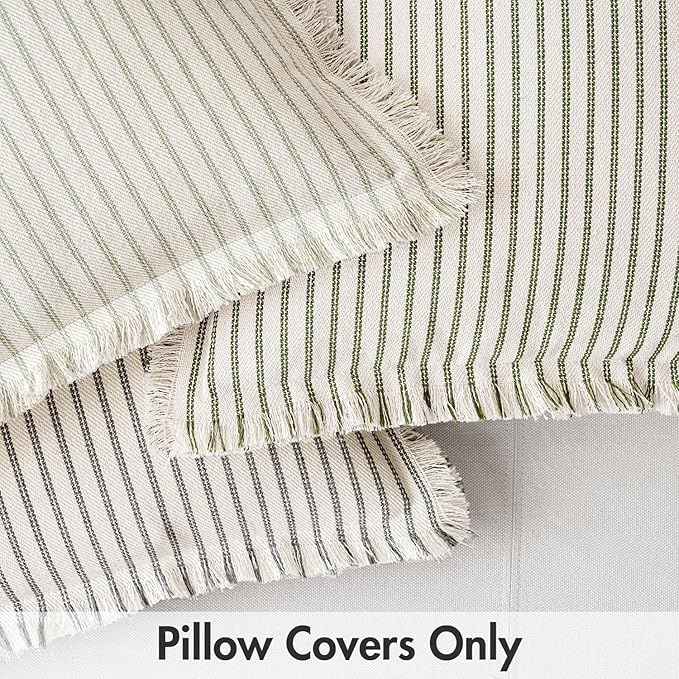 MIULEE Pack of 2 Sage Green Pillow Covers 18x18 Inch Striped Farmhouse Couch Spring Throw Pillow Covers with Fringe Chic Linen Decorative Cushion Covers for Sofa Living Room Bed Outdoor Home Decor