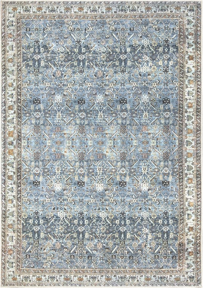 Bloom Rugs Washable Non-Slip 4' x 6' Rug - Blue/Beige Traditional Area Rug for Living Room, Bedroom, Dining Room, and Kitchen - Exact Size: 4' x 6'