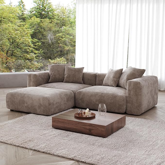 JACH Sectional Couches for Living Room, Modern Corduroy Modular Sectional Couch with Chaise Ottoman, Cushion Covers Removable, Corduroy Sofas Couches for Living Room, Office (Light Brown)