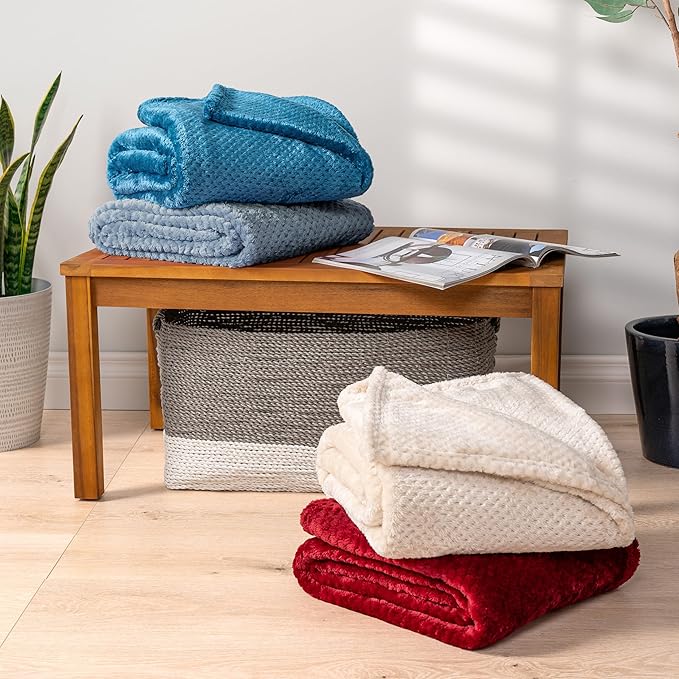 PAVILIA Dusty Blue Throw Blanket for Couch Bed, Soft Fleece Throws for Sofa Chair, Fuzzy Waffle Textured Blanket, Cozy Warm Lightweight All Season Blanket Throw, 50x60