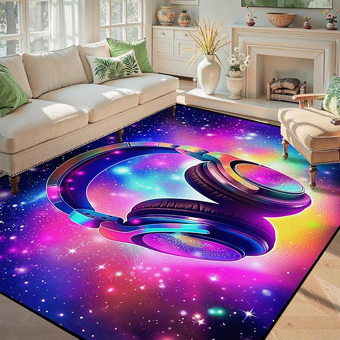 5' X 7' Galaxy Game Area Rug Music Headphone Rugs Colorful Throw Rug Non-Slip Carpet Doormats for Living Room Bedroom Apartment Dorm Floor Mat