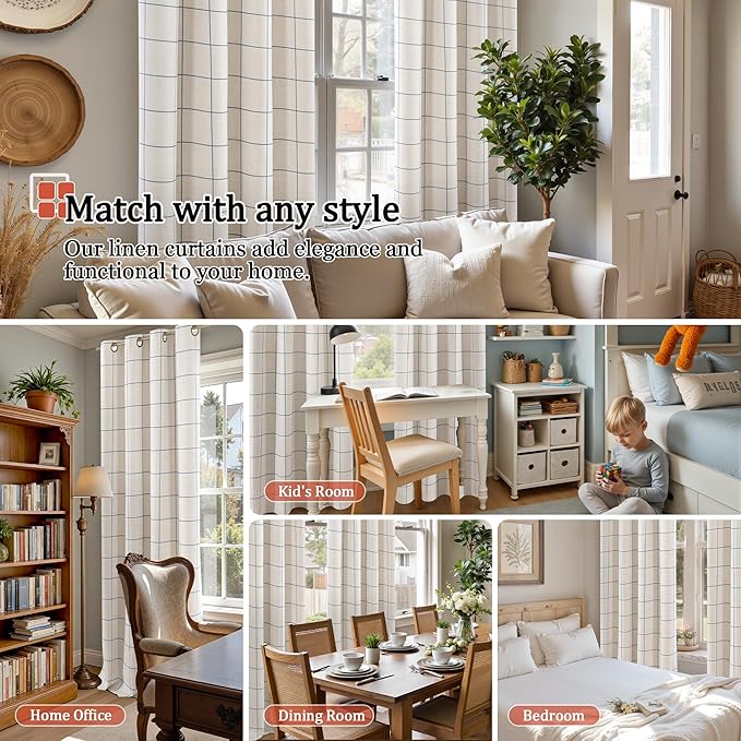 Navy Blue Plaid Linen Blackout Curtains for Bedroom - Boho Style Curtains Thermal Insulated, Pattern Printed Rustic Drapes Window Treatments for Farmhouse, 52x63 Inch 2 Panels