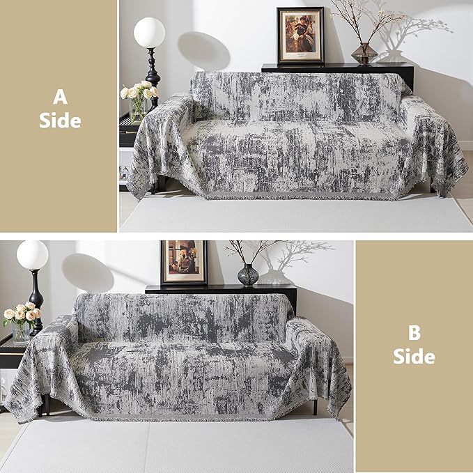 MEETSKY Oversized Couch Cover for Sectional Sofa Set Abstract Geometric Chenille Sofa Cover Washable for Pet Friendly, Couch Cover 3 Seat Couch Protector Multi-Use Blanket, 91"x150", Deep Grey