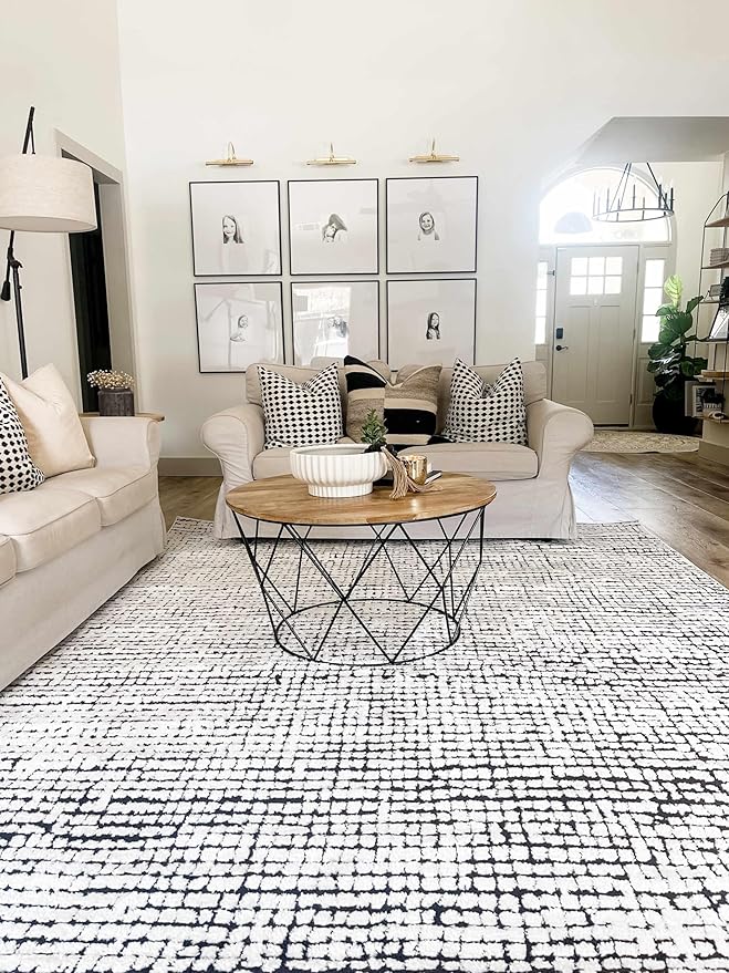 Hauteloom Keita Contemporary Mosaic Runner Rug - High Pile Fluffy Soft Shag Carpet for Hallway, Kitchen - Black and White - 2'8" x 7'3" Runner