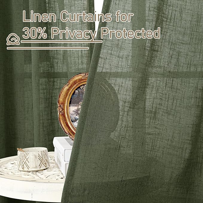 LAMIT 95 Inches Long Olive Green Linen Curtains for Living Room, Back Tab and Rod Pocket Linen Textured Curtains Light Filtering Christmas Drapes for Bedroom/Dining Room, Set of 2, 52 x 95 Inch