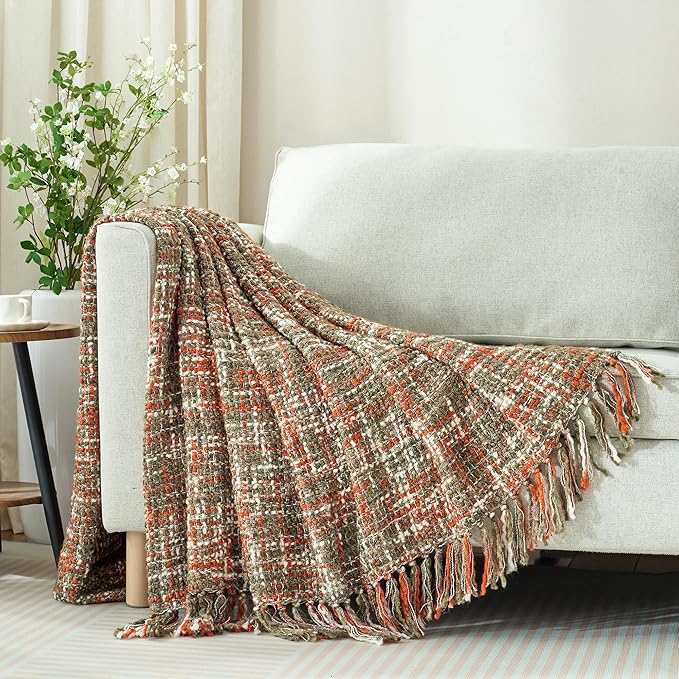 Multi-Color Orange Cable Knitted Throw Blanket for Couch,50"X60" Boho Style Textured Blankets for Home Decor,Super Soft Warm Cozy Chunky Knit Blanket with Decorative Tassels for Bed and Sofa