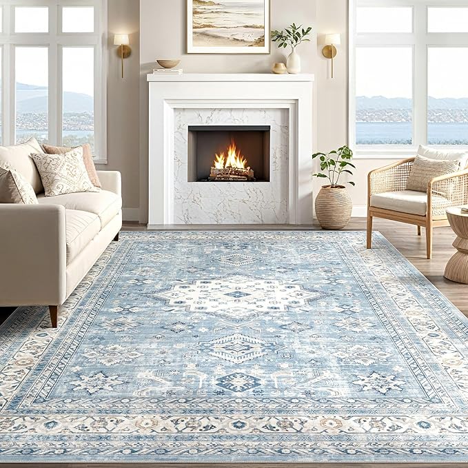 Vintage Living Room Area Rug 5x7 - Large Soft Washable Oriental Traditional Distressed Farmhouse Rugs for Bedroom - Indoor Floor Accent Carpet for Home Office House Decor - Blue