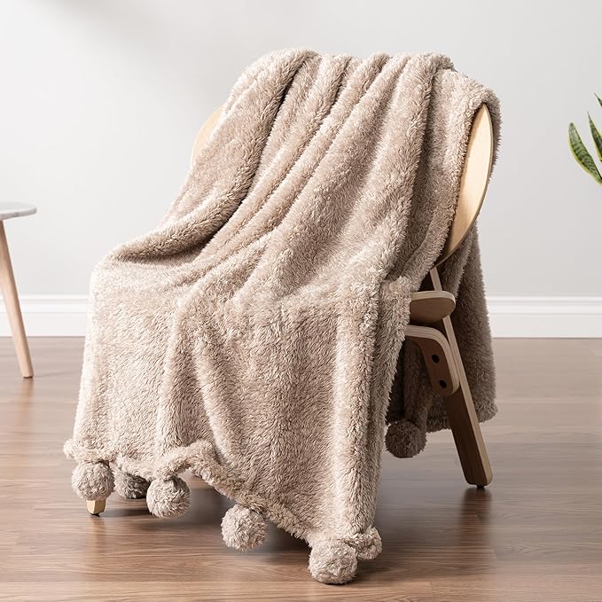 PAVILIA Taupe Sherpa Throw Blanket for Couch, Warm Plush Pom Pom Blanket Throw, Tan Fuzzy Sofa Throw, Lightweight Soft Cozy Fluffy Blanket with Pom Poms, Light Brown, 50x60
